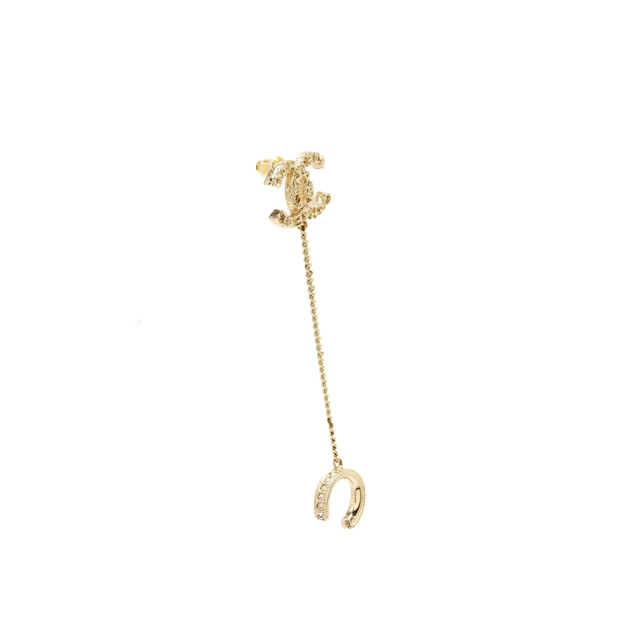 CHANEL CC LOGO CRYSTAL EARRING DROP/ EAR CLIP LIGHT GOLD TONE