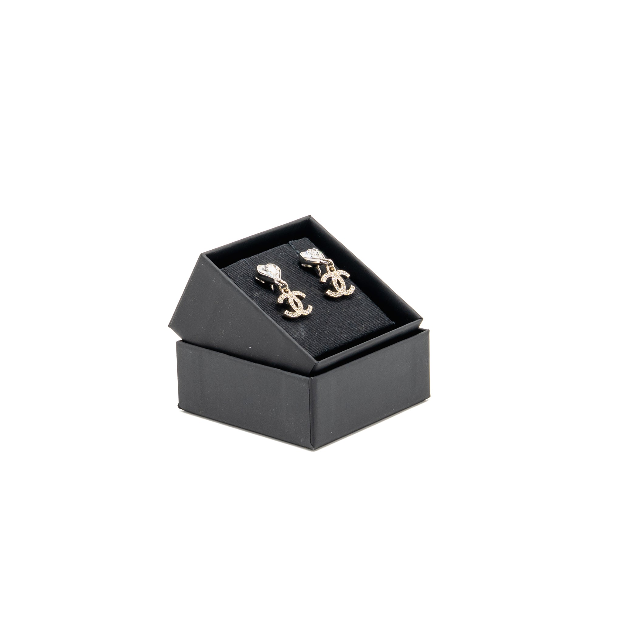 CHANEL CRYSTAL HEART CC LOGO DROPPED EAR CLIPS SILVER TONE