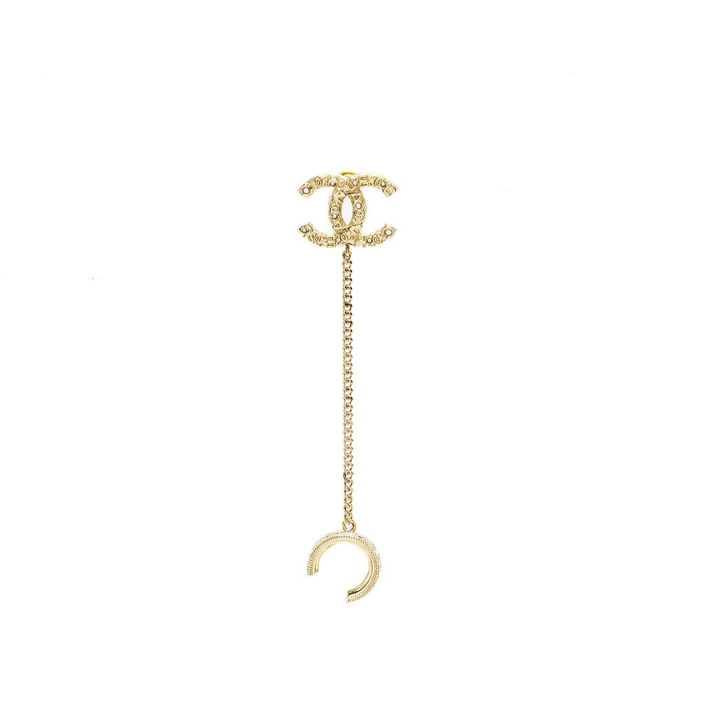 CHANEL CC LOGO CRYSTAL EARRING DROP/ EAR CLIP LIGHT GOLD TONE