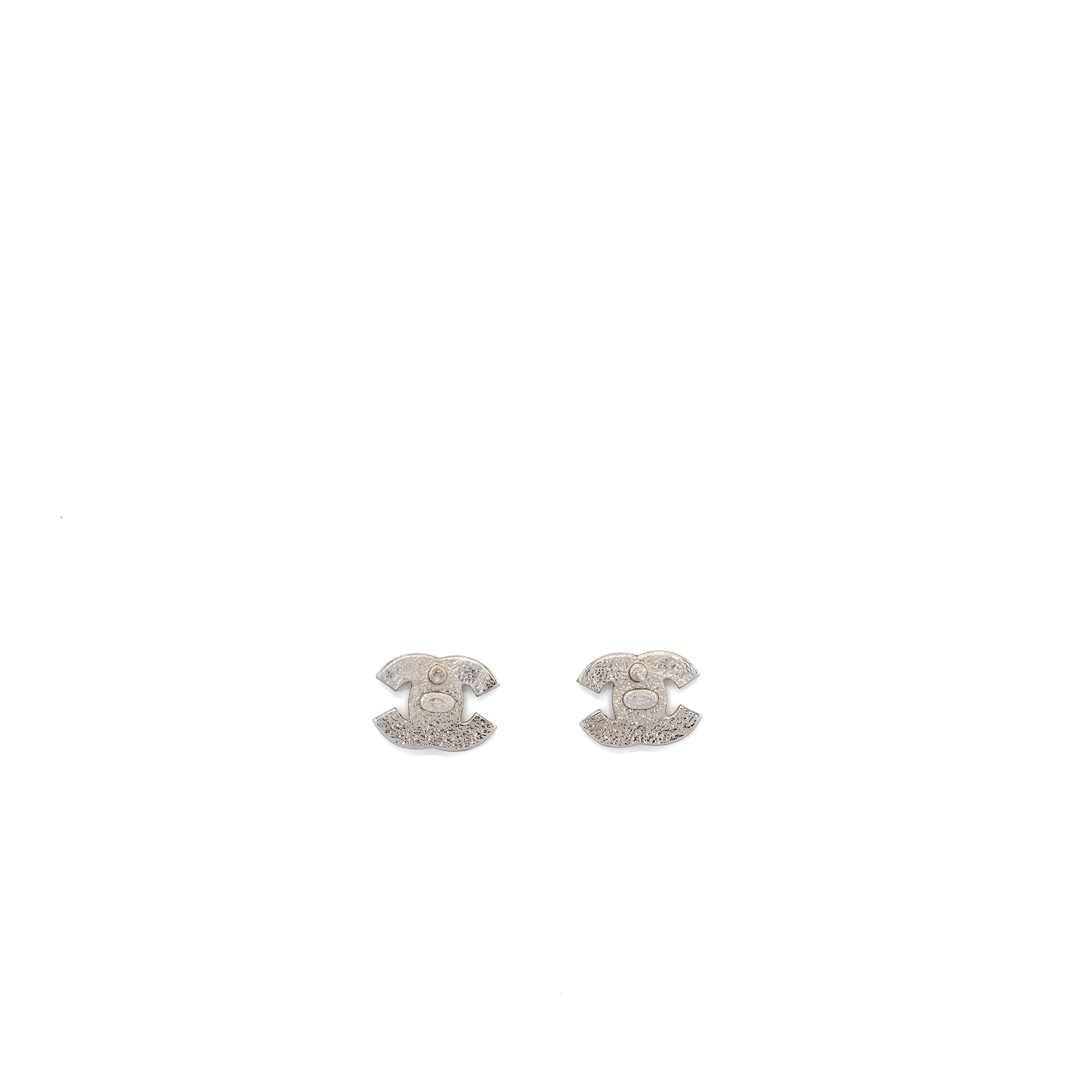 CHANEL CLASSIC CC LOGO EARRING SILVER TONE WITH CRYSTAL