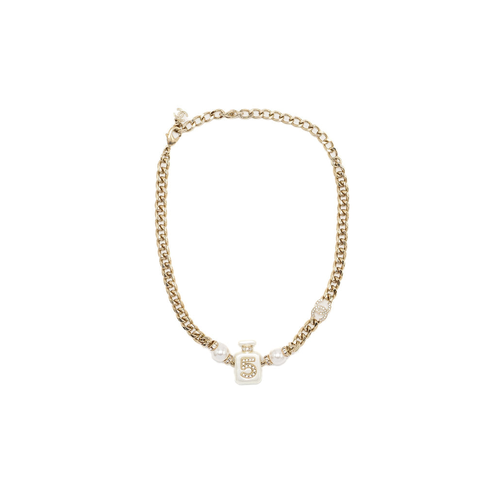 CHANEL PERFUME BOTTLE CHAIN CHOCKER / NECKLACE LIGHT GOLD TONE