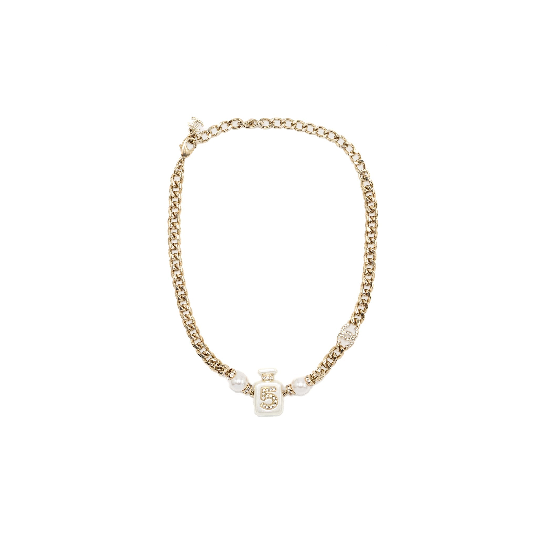 CHANEL PERFUME BOTTLE CHAIN CHOCKER / NECKLACE LIGHT GOLD TONE