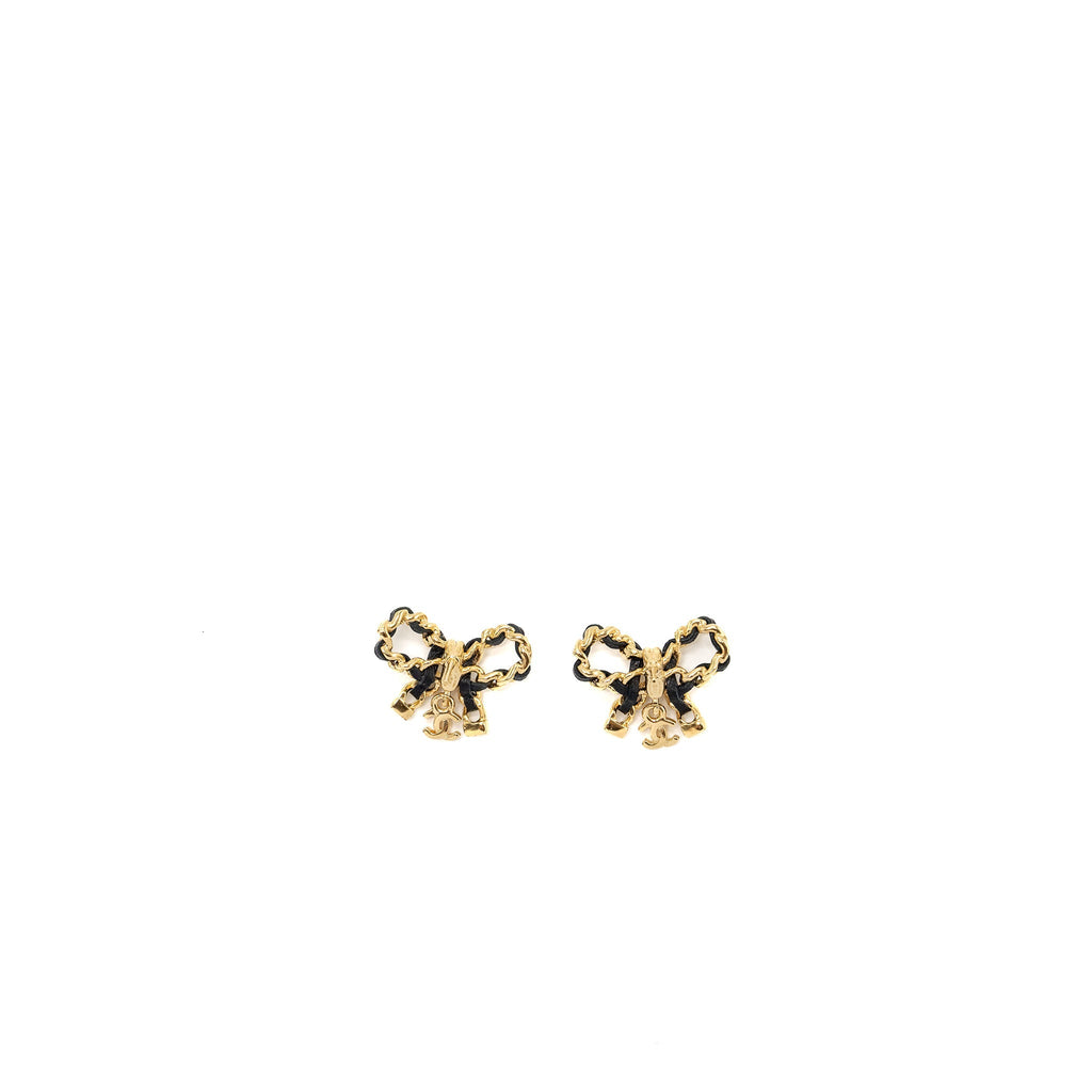 CHANEL LEATHER WEAVE BOW EARRINGS BLACK WITH GOLD TONE