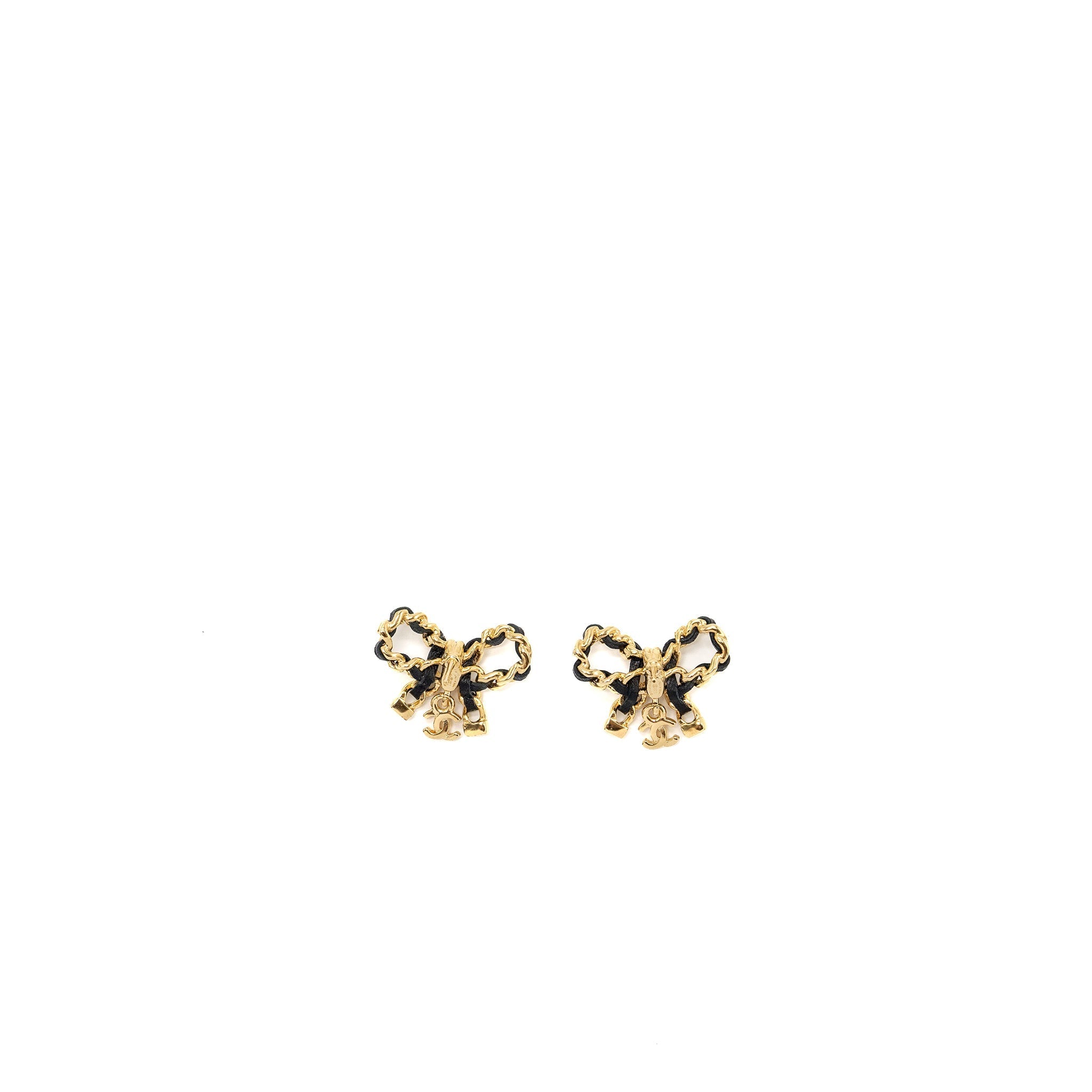 CHANEL LEATHER WEAVE BOW EARRINGS BLACK WITH GOLD TONE
