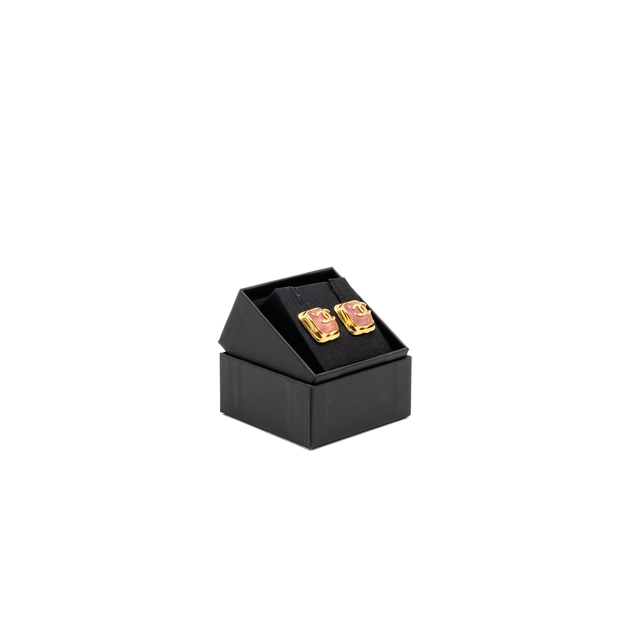 CHANEL PINK RESIN SQUARE CC EARRINGS GOLD TONE