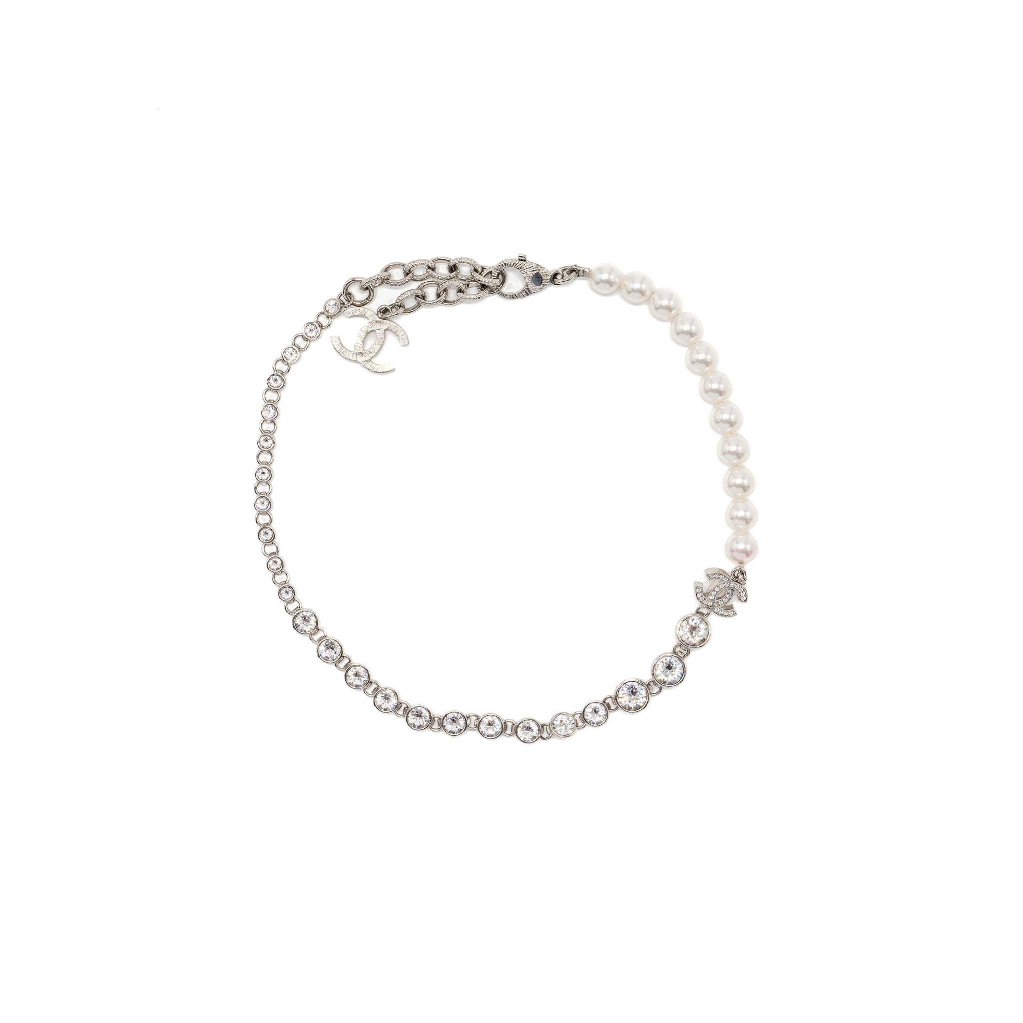 CHANEL CC LOGO CHOCKER/NECKLACE PEARL/CRYSTAL/SILVER TONE