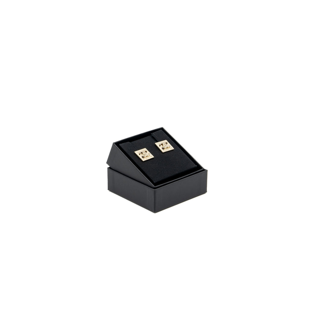 CHANEL SQUARE CC LOGO EARRING WITH CRYSTAL LIGHT GOLD TONE