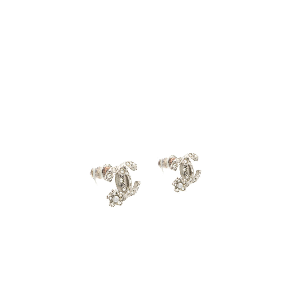 CHANEL CC LOGO EARRINGS CRYSTAL SILVER TONE