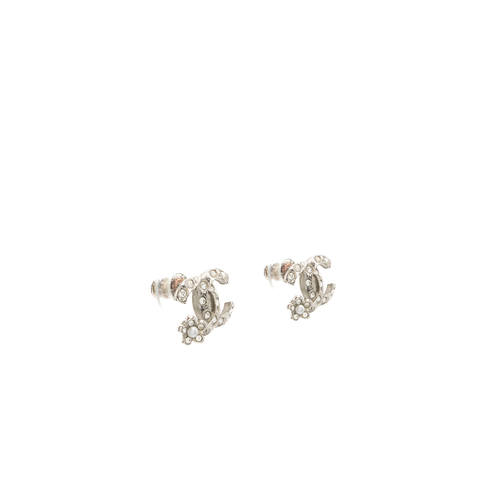 CHANEL CC LOGO EARRINGS CRYSTAL SILVER TONE