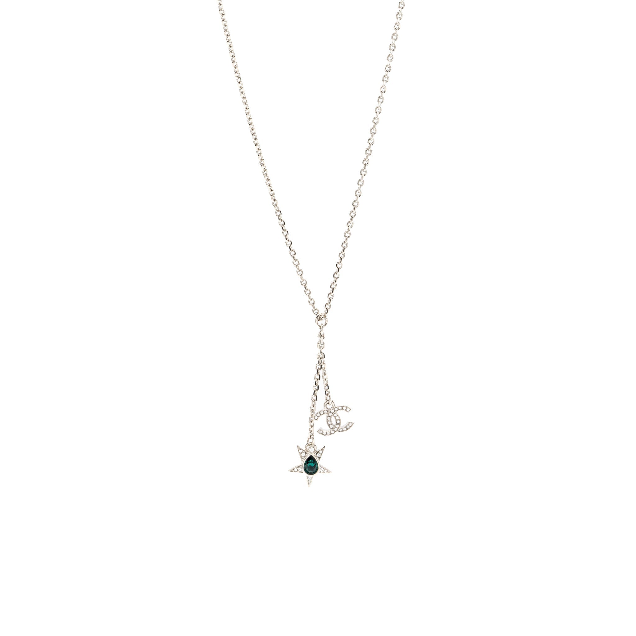 CHANEL CC LOGO/STAR DROP NECKLACE CRYSTAL/PEARL/SILVER TONE