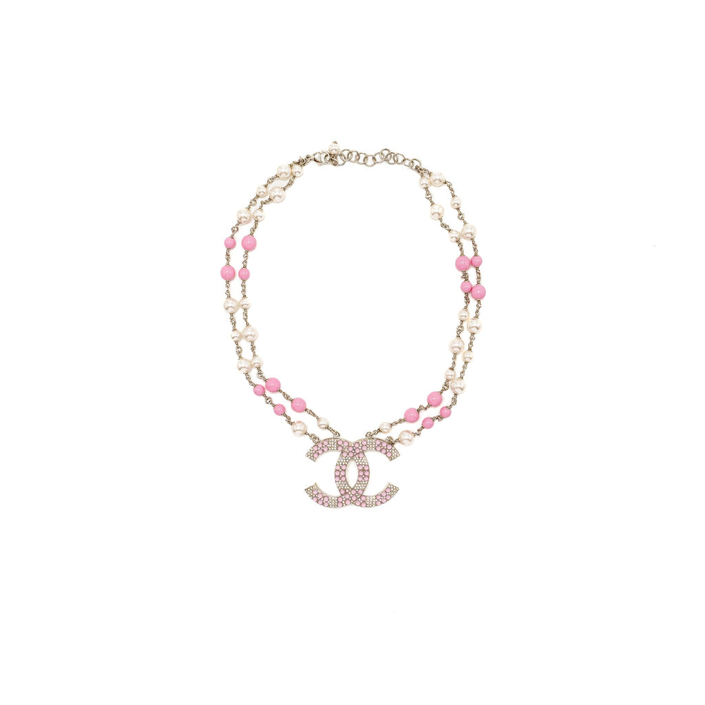 CHANEL 19C PEARL/CRYSTAL NECKLACE CC LOGO DROP PINK/SILVER TONE