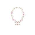 CHANEL 19C PEARL/CRYSTAL NECKLACE CC LOGO DROP PINK/SILVER TONE