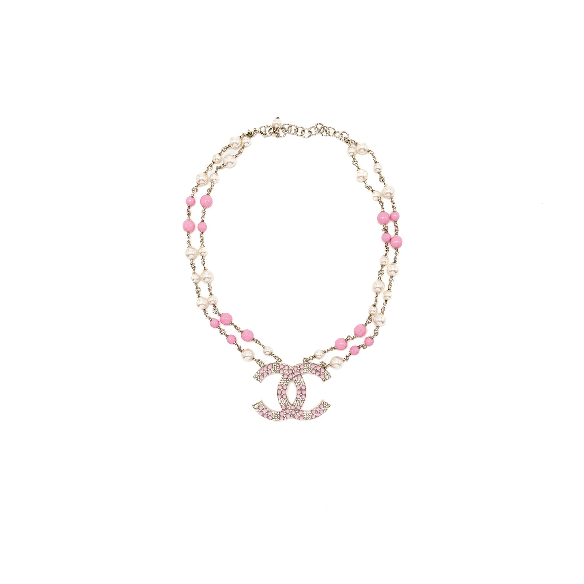 CHANEL 19C PEARL/CRYSTAL NECKLACE CC LOGO DROP PINK/SILVER TONE