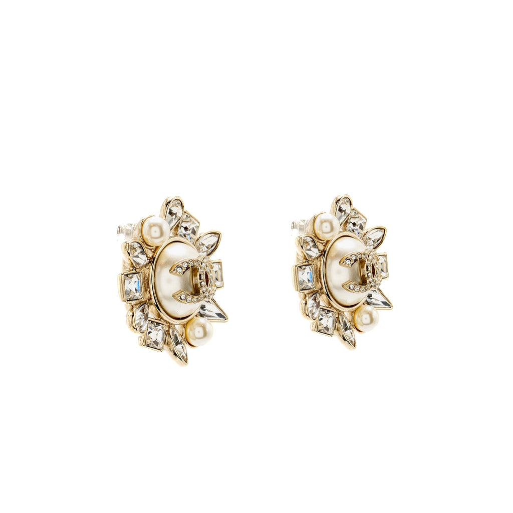 CHANEL GIANT GEOMETRIC CC LOGO EARRINGS PEARL/CRYSTAL LIGHT GOLD TONE