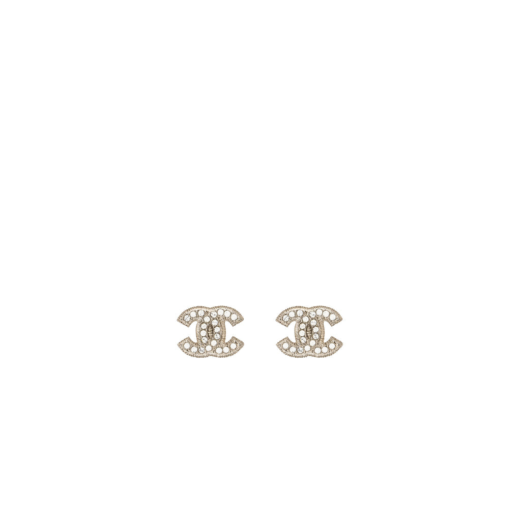 CHANEL CLASSIC CC LOGO EARRING SILVER TONE WITH CRYSTAL