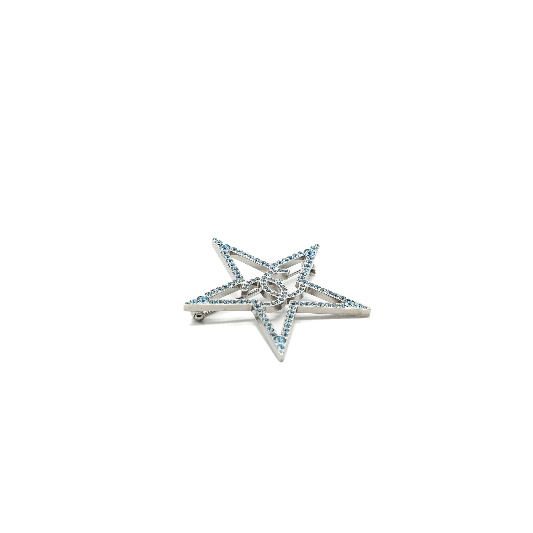 CHANEL STAR CC LOGO BROOCH CRYSTAL LIGHT BLUE WITH RUTHENIUM HARDWARE