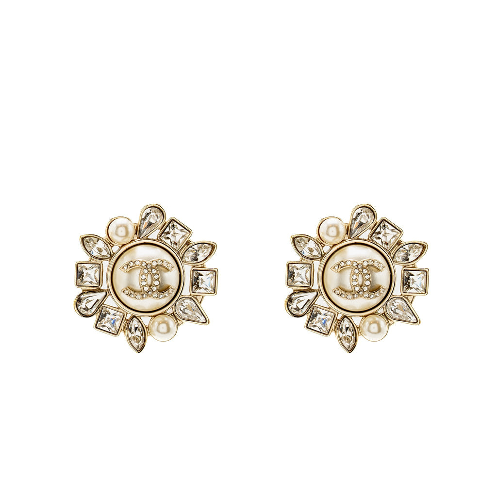 CHANEL GIANT GEOMETRIC CC LOGO EARRINGS PEARL/CRYSTAL LIGHT GOLD TONE