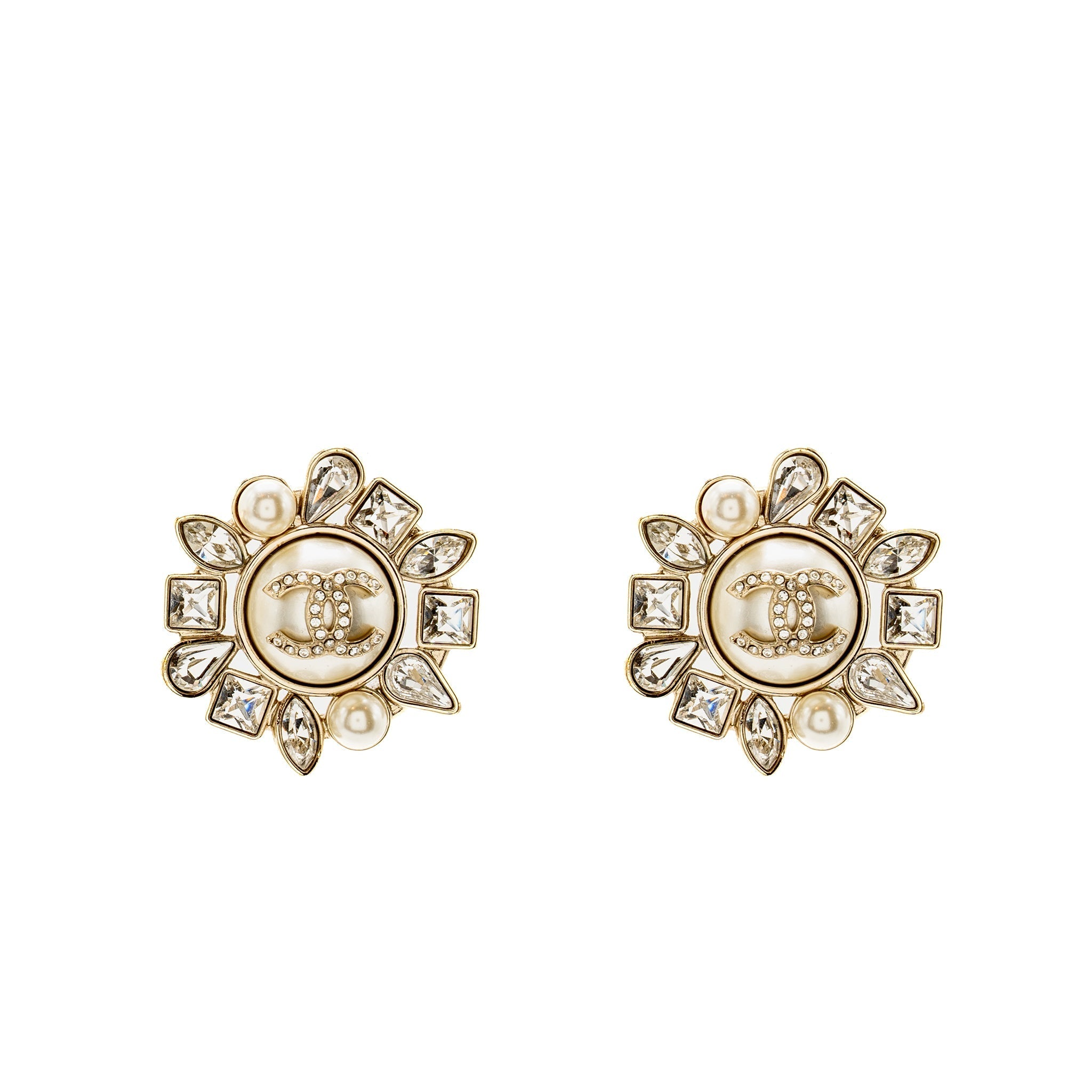 CHANEL GIANT GEOMETRIC CC LOGO EARRINGS PEARL/CRYSTAL LIGHT GOLD TONE