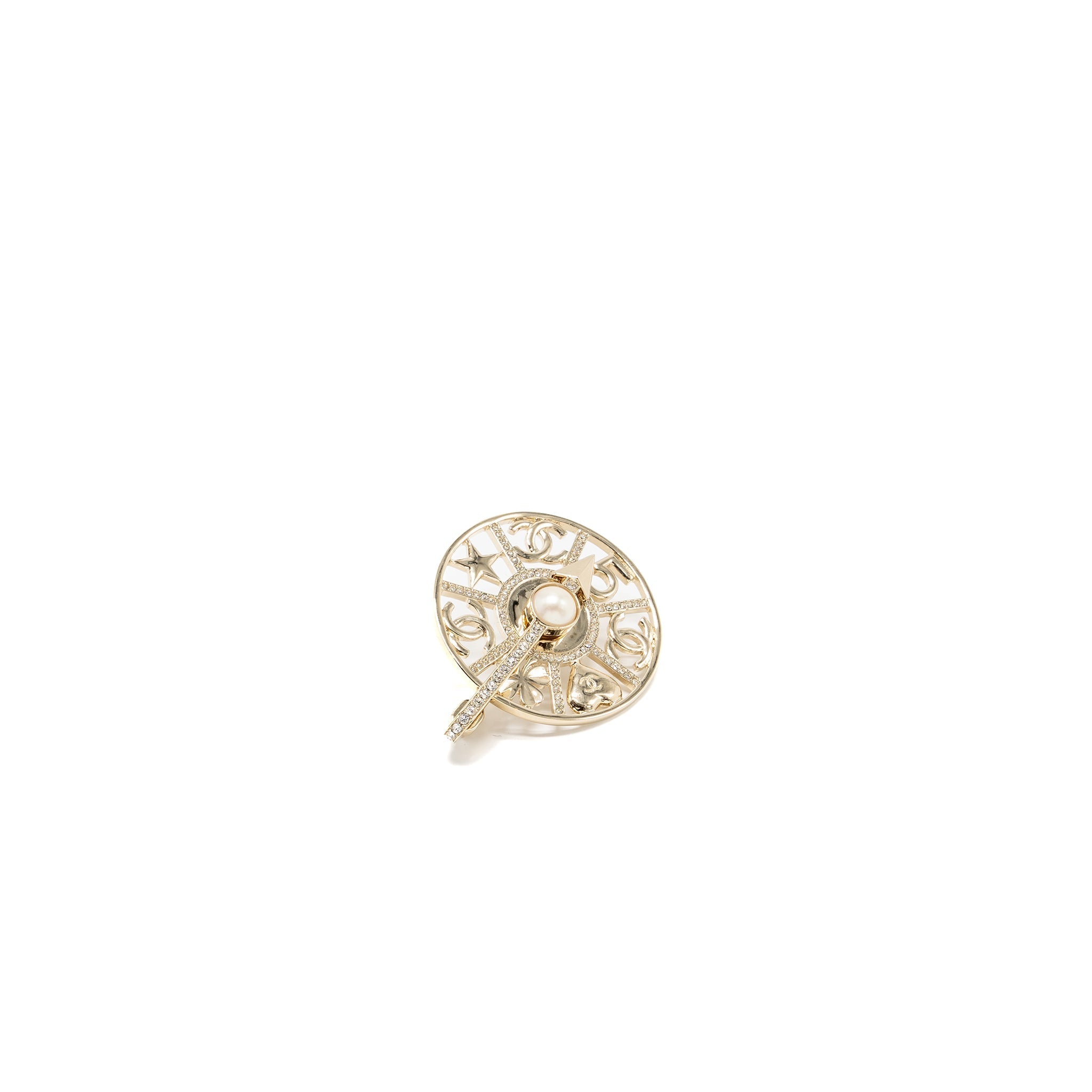 CHANEL STRASS SPINNING WHEEL PIN BROOCH WITH CRYSTAL / PEARL LIGHT GOLD TONE