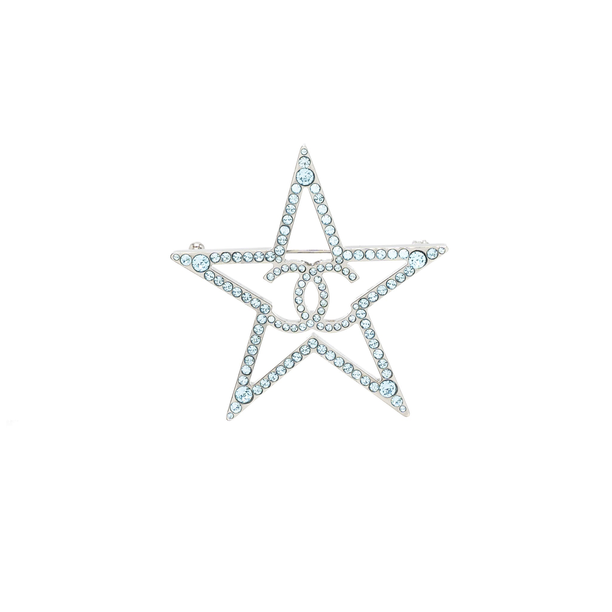 CHANEL STAR CC LOGO BROOCH CRYSTAL LIGHT BLUE WITH RUTHENIUM HARDWARE