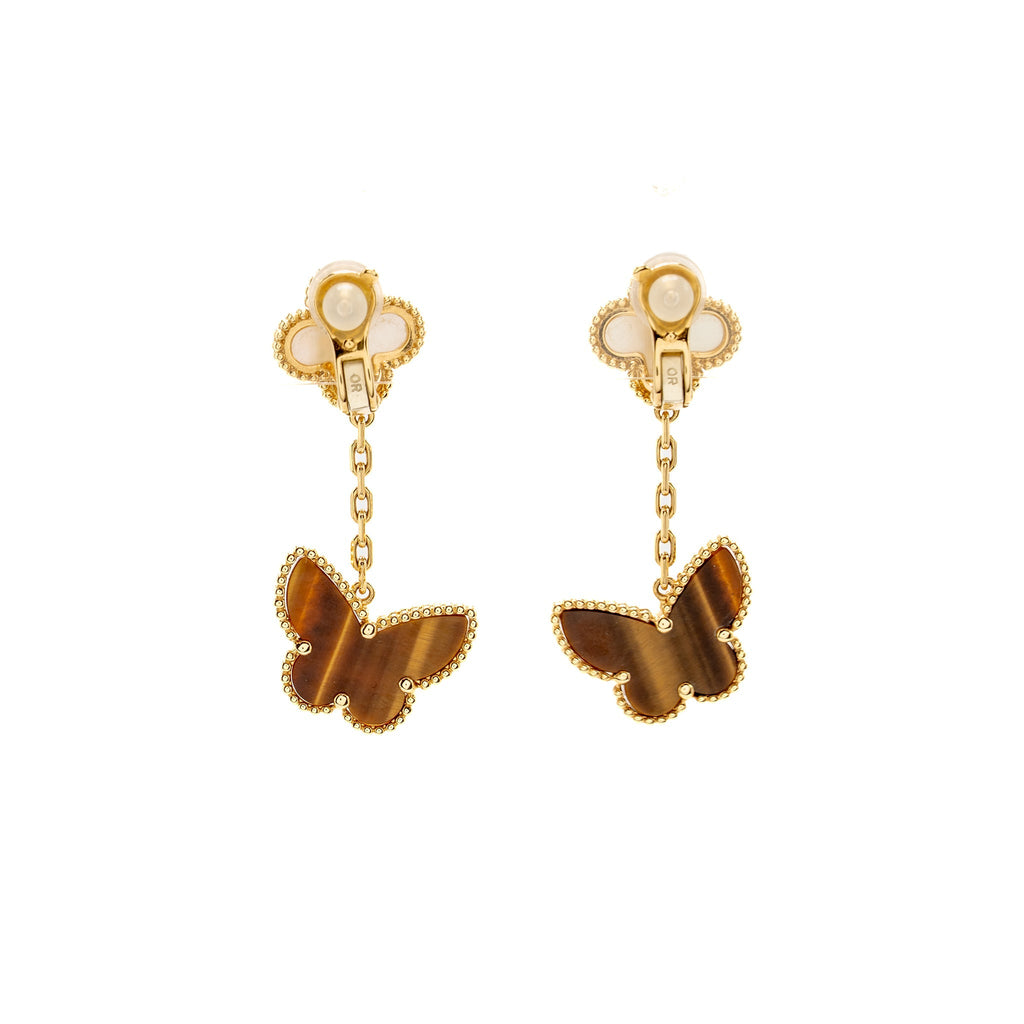 VAN CLEEF & ARPELS LUCKY ALHAMBRA 2-MOTIF EAR CLIPS YELLOW GOLD, WHITE MOTHER OF PEARL, TIGER’S EYE