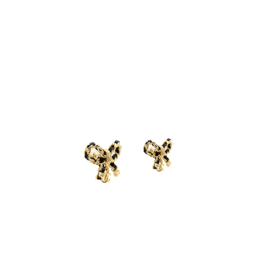 CHANEL LEATHER WEAVE BOW EARRINGS BLACK WITH GOLD TONE