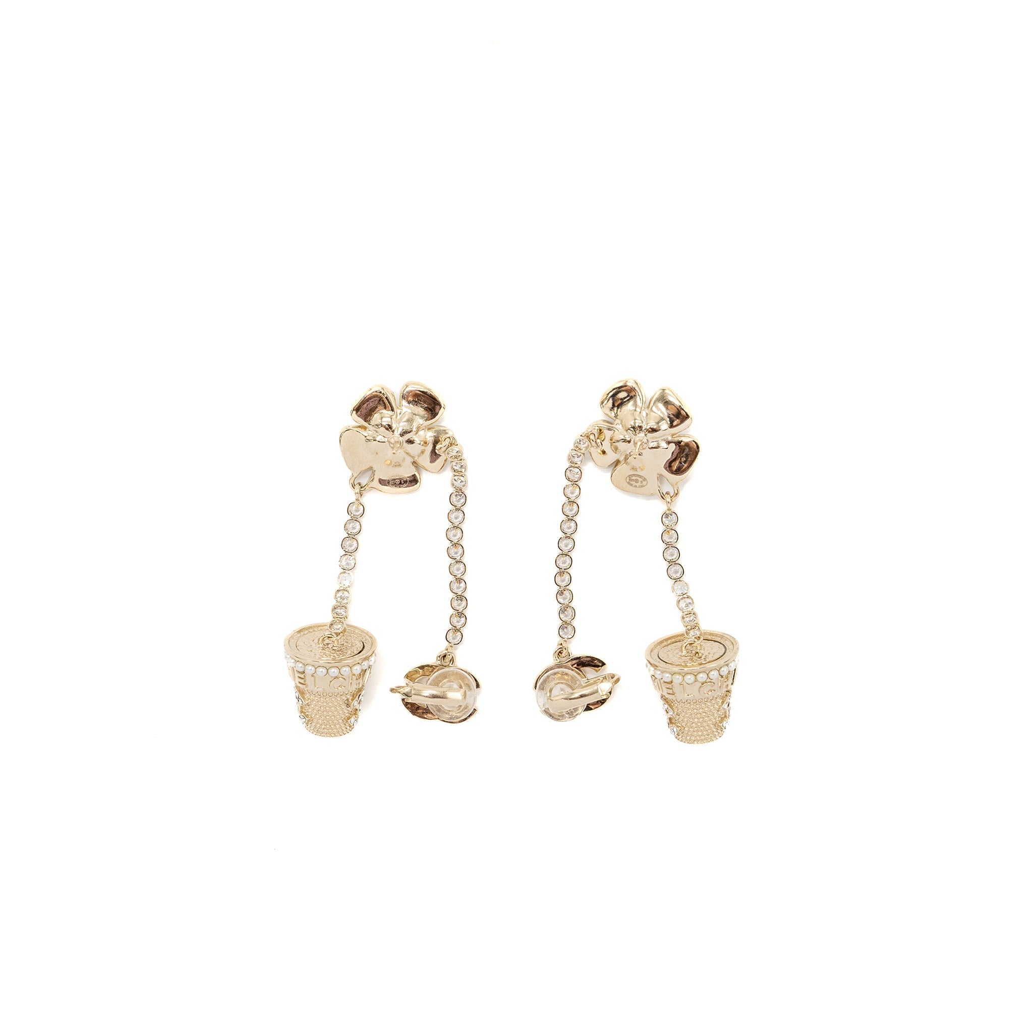 CHANEL CAMELLIA DROPPED EARRINGS PEARL/CRYSTAL LIGHT GOLD TONE