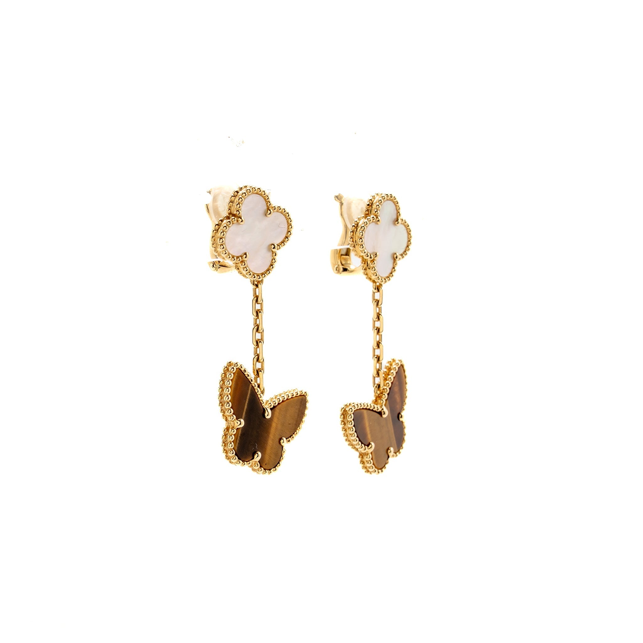 VAN CLEEF & ARPELS LUCKY ALHAMBRA 2-MOTIF EAR CLIPS YELLOW GOLD, WHITE MOTHER OF PEARL, TIGER’S EYE