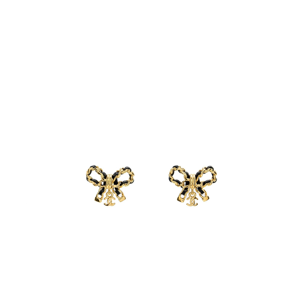 CHANEL LEATHER WEAVE BOW EARRINGS BLACK WITH GOLD TONE