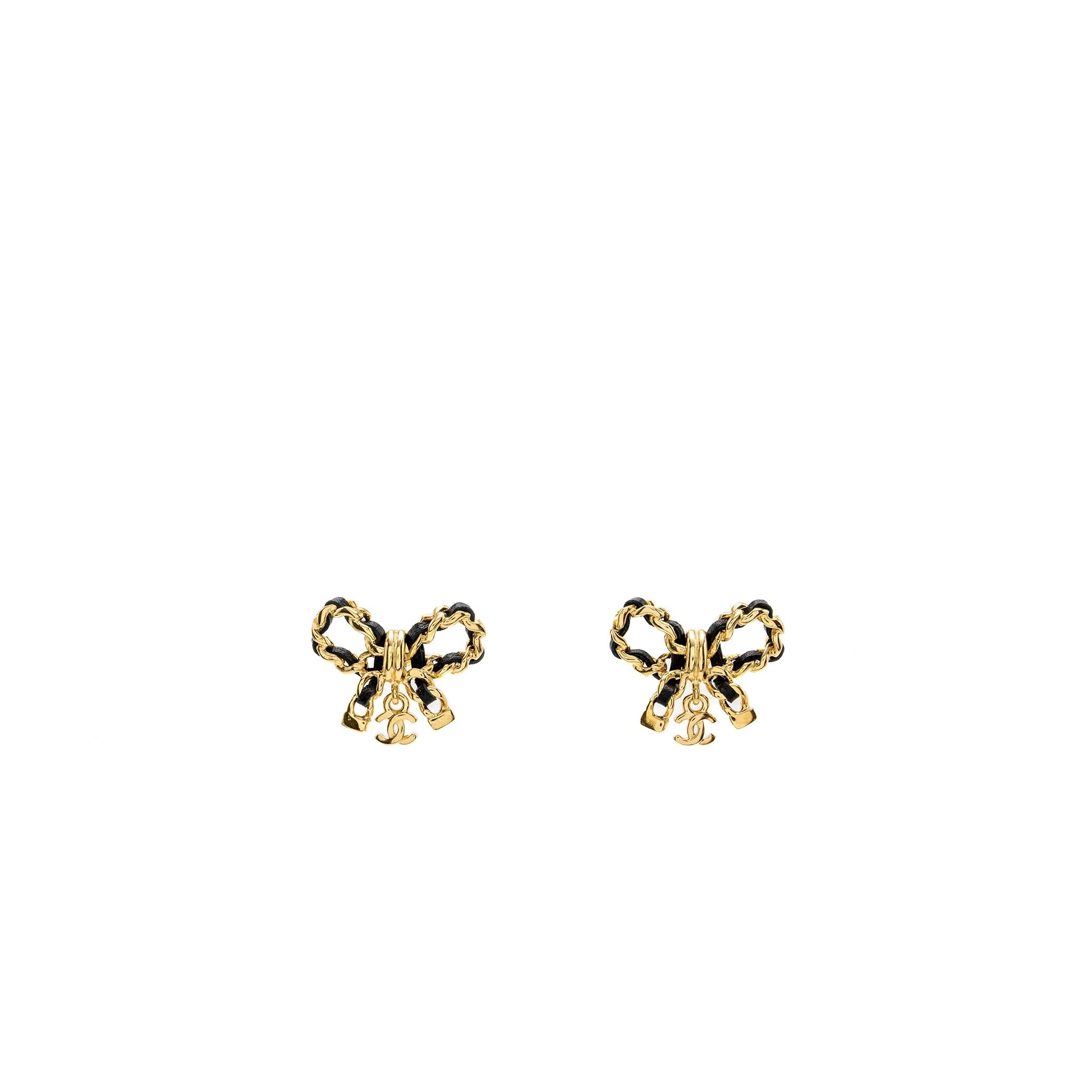 CHANEL LEATHER WEAVE BOW EARRINGS BLACK WITH GOLD TONE