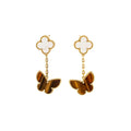 VAN CLEEF & ARPELS LUCKY ALHAMBRA 2-MOTIF EAR CLIPS YELLOW GOLD, WHITE MOTHER OF PEARL, TIGER’S EYE