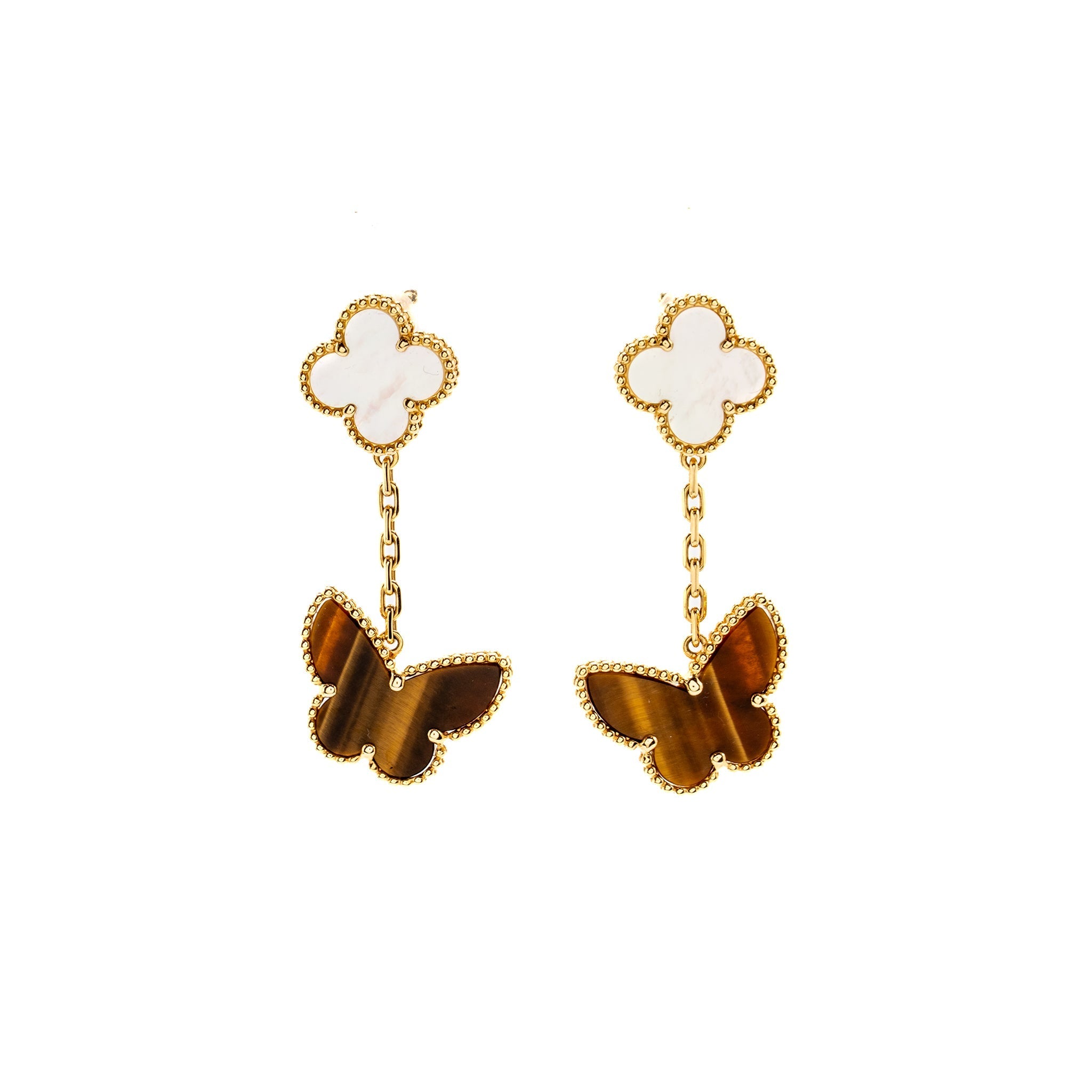 VAN CLEEF & ARPELS LUCKY ALHAMBRA 2-MOTIF EAR CLIPS YELLOW GOLD, WHITE MOTHER OF PEARL, TIGER’S EYE