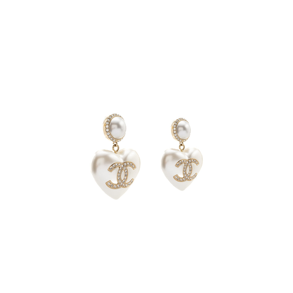 CHANEL HEART PEARL CRYSTAL CC LOGO EARRINGS LGHW