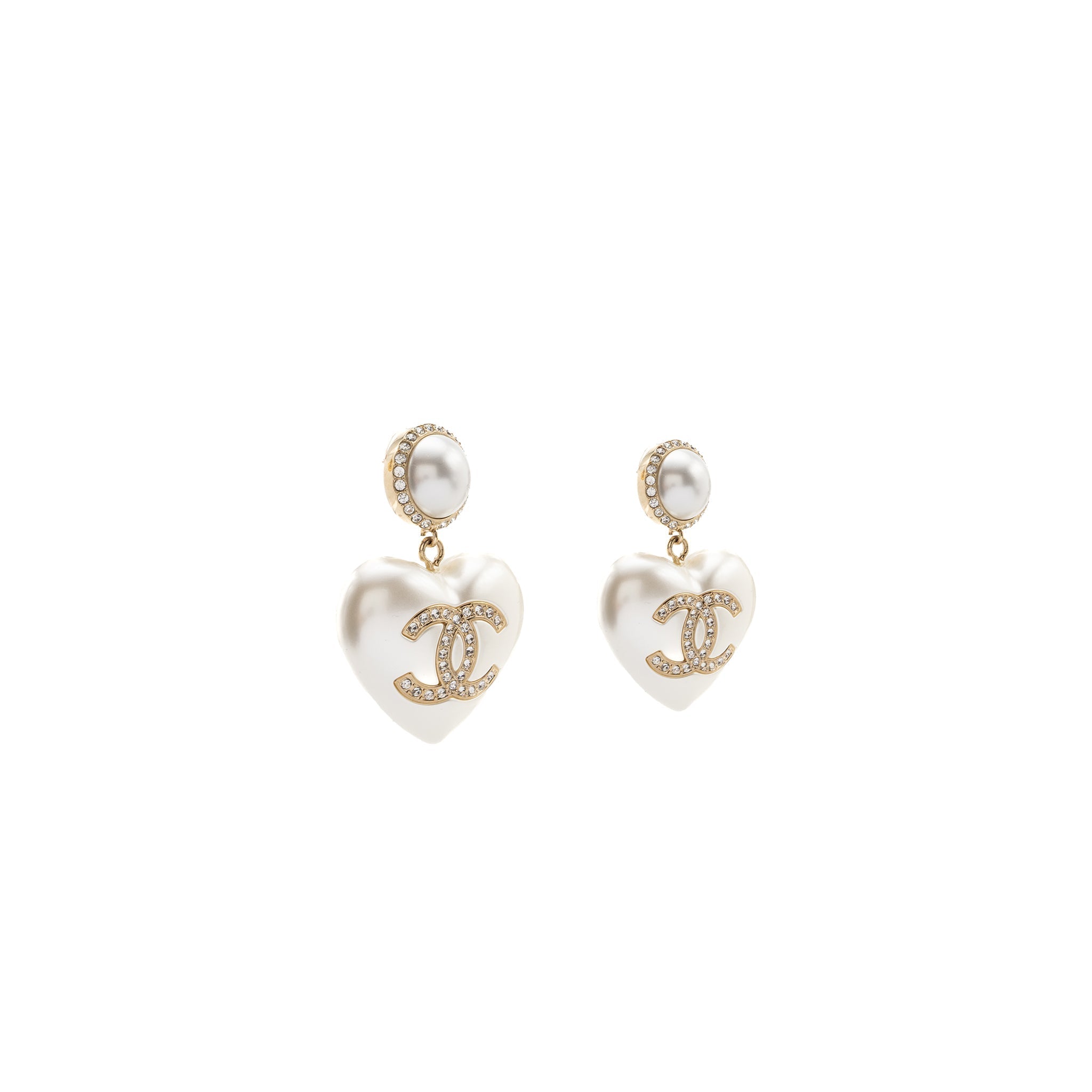 CHANEL HEART PEARL CRYSTAL CC LOGO EARRINGS LGHW