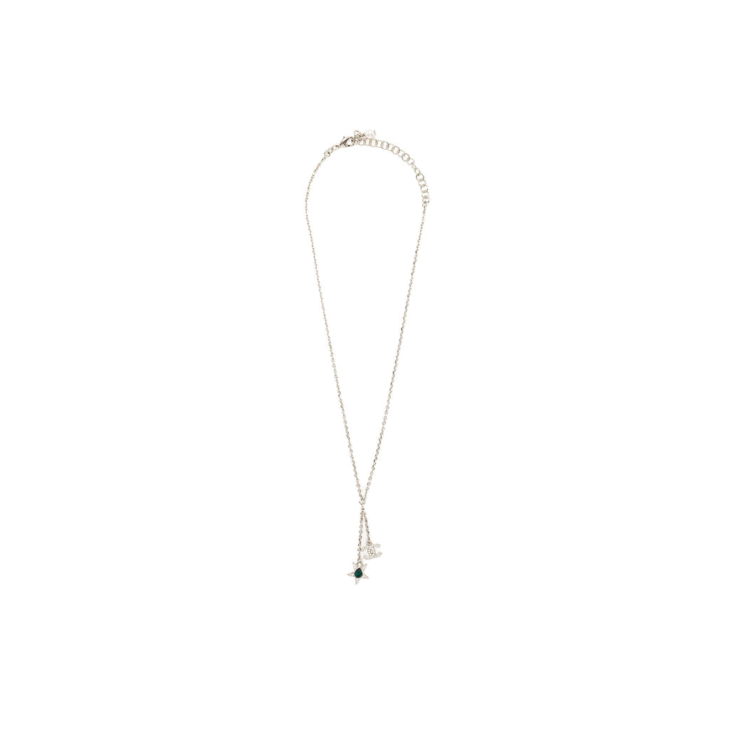 CHANEL CC LOGO/STAR DROP NECKLACE CRYSTAL/PEARL/SILVER TONE