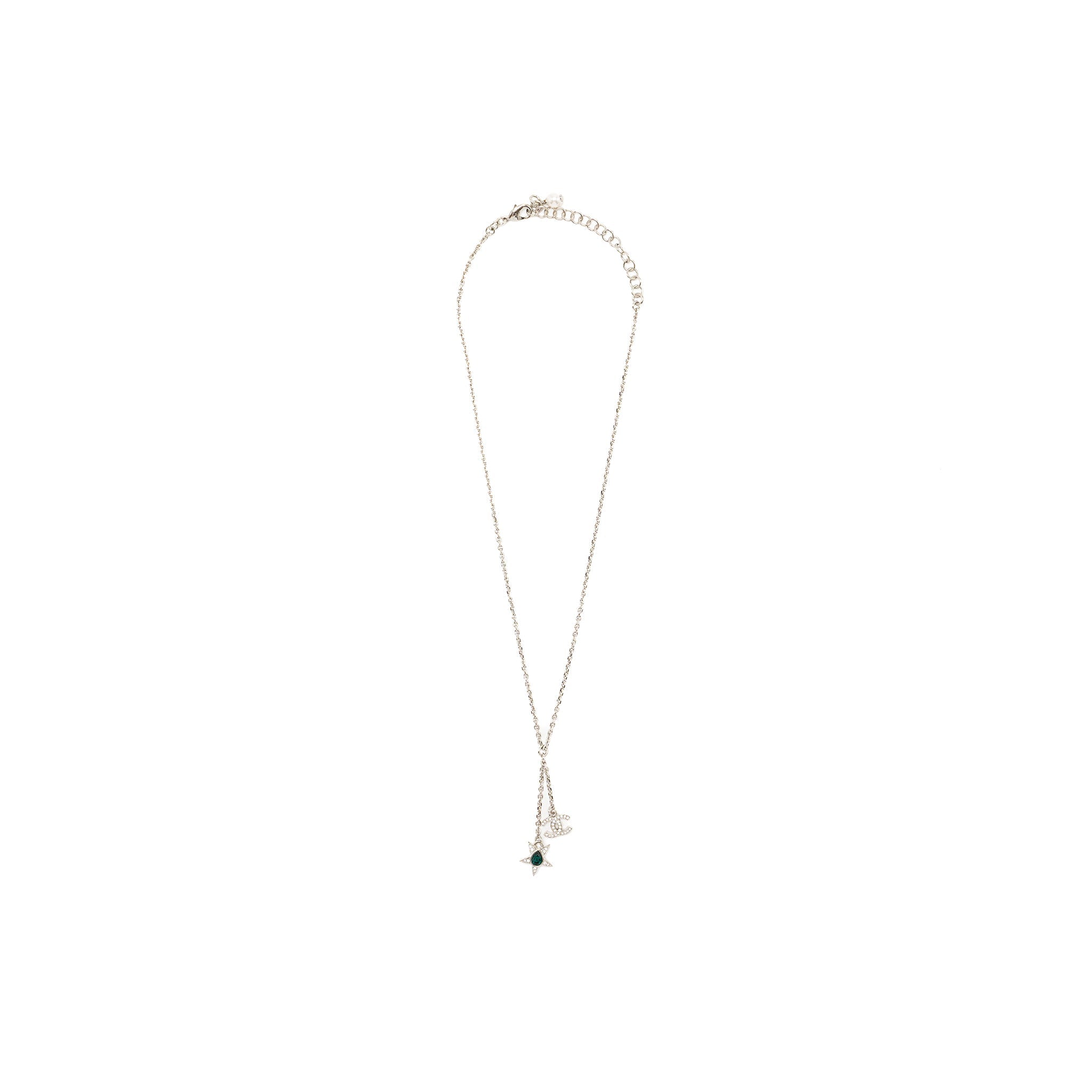 CHANEL CC LOGO/STAR DROP NECKLACE CRYSTAL/PEARL/SILVER TONE