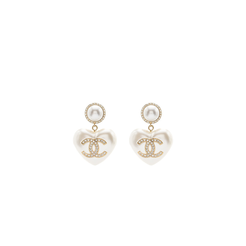 CHANEL HEART PEARL CRYSTAL CC LOGO EARRINGS LGHW