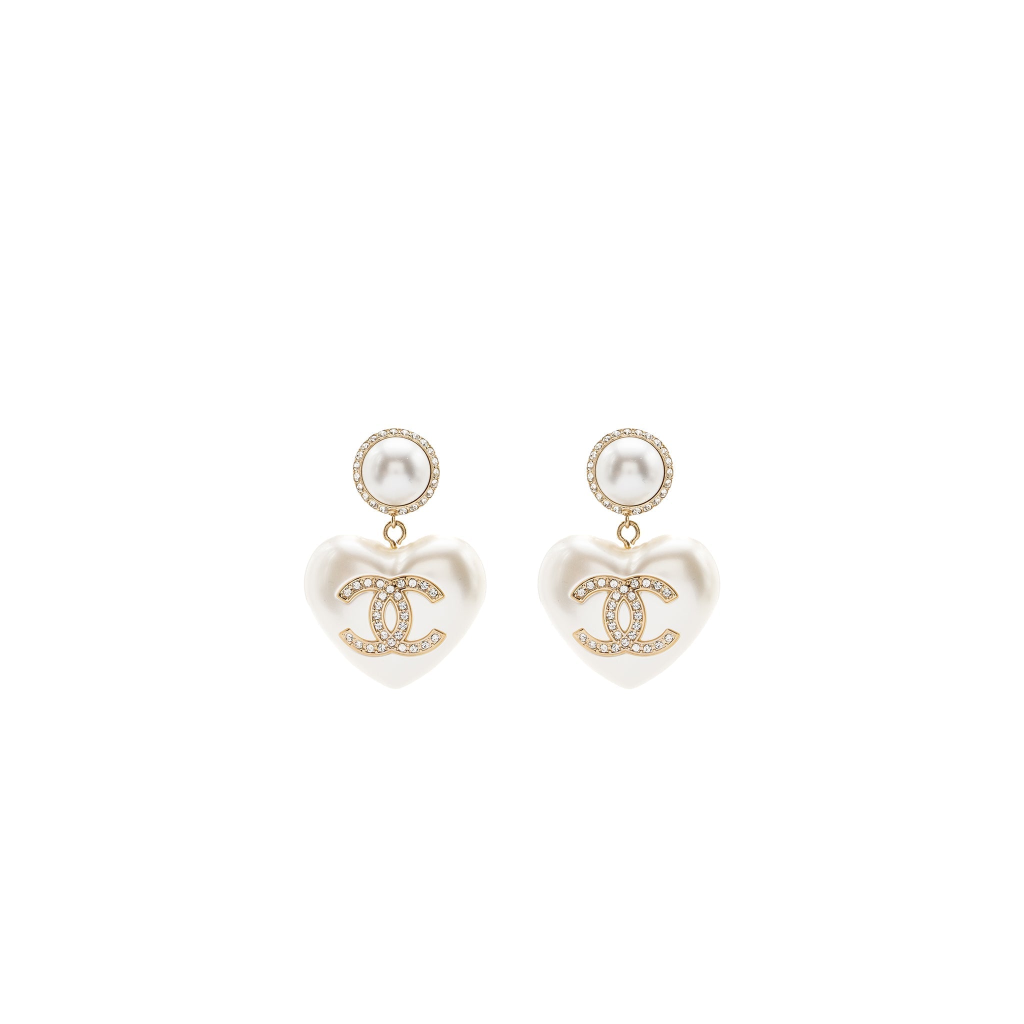 CHANEL HEART PEARL CRYSTAL CC LOGO EARRINGS LGHW