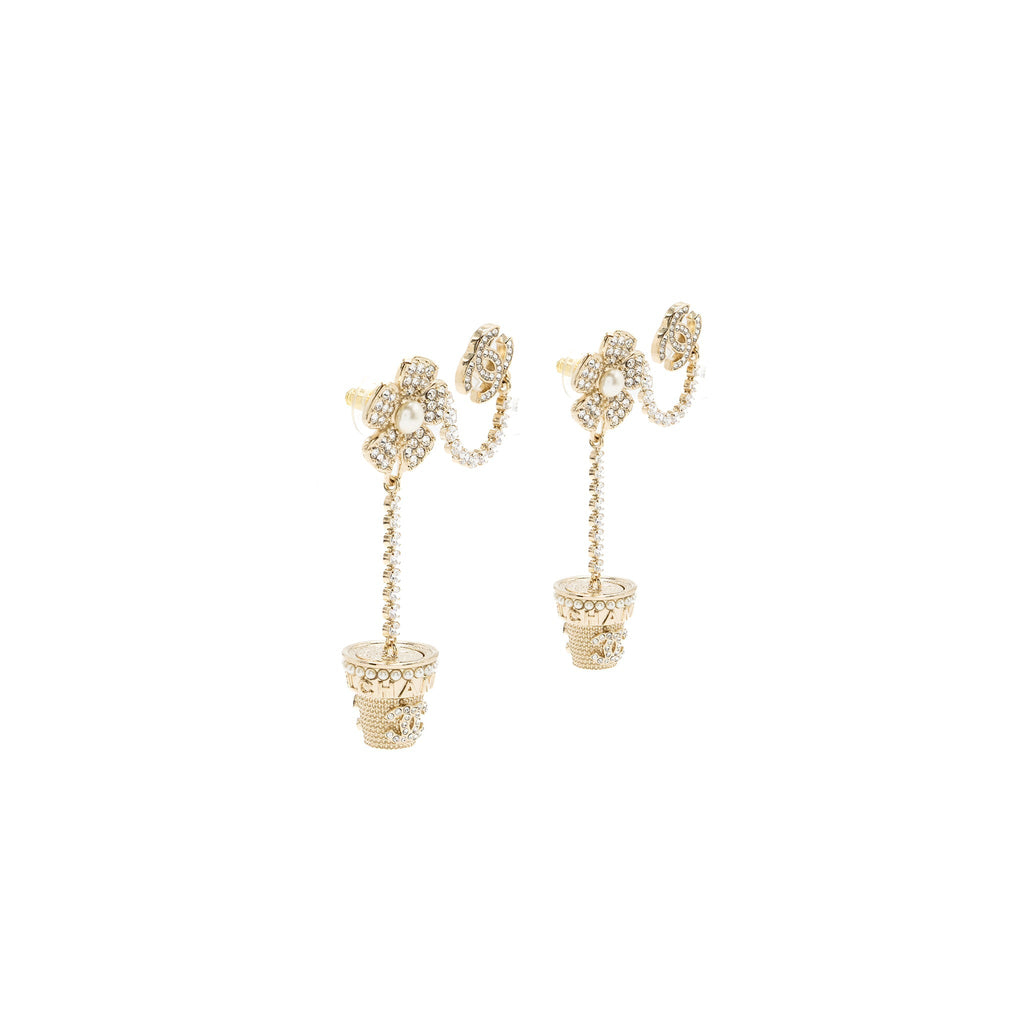 CHANEL CAMELLIA DROPPED EARRINGS PEARL/CRYSTAL LIGHT GOLD TONE