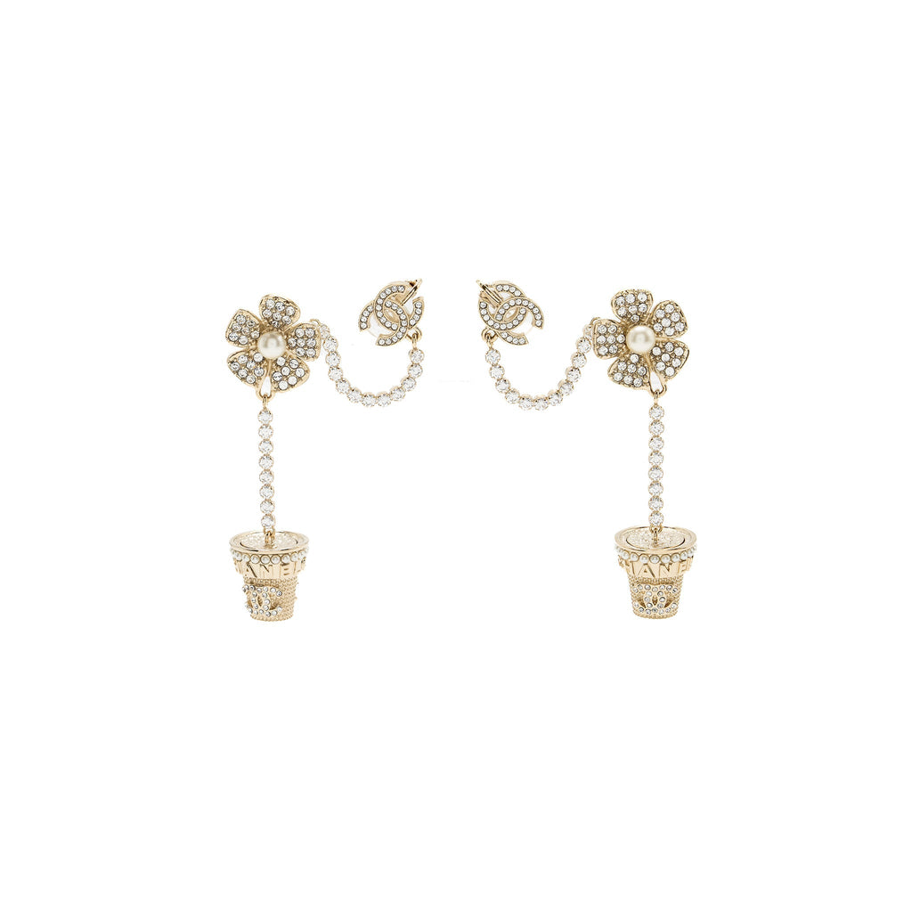 CHANEL CAMELLIA DROPPED EARRINGS PEARL/CRYSTAL LIGHT GOLD TONE