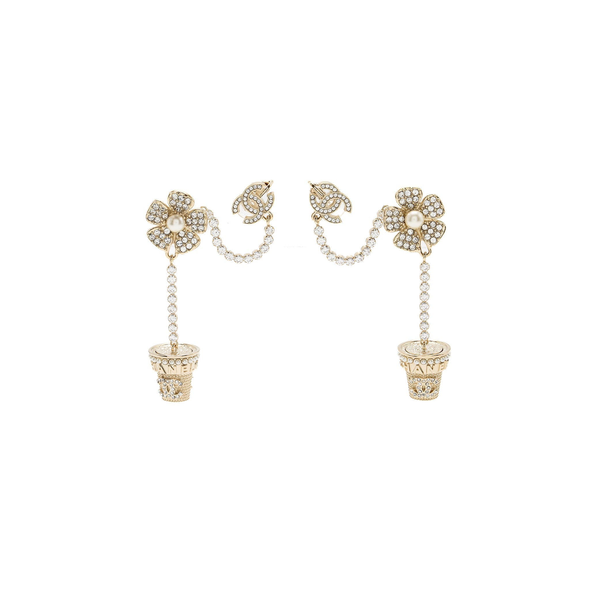 CHANEL CAMELLIA DROPPED EARRINGS PEARL/CRYSTAL LIGHT GOLD TONE