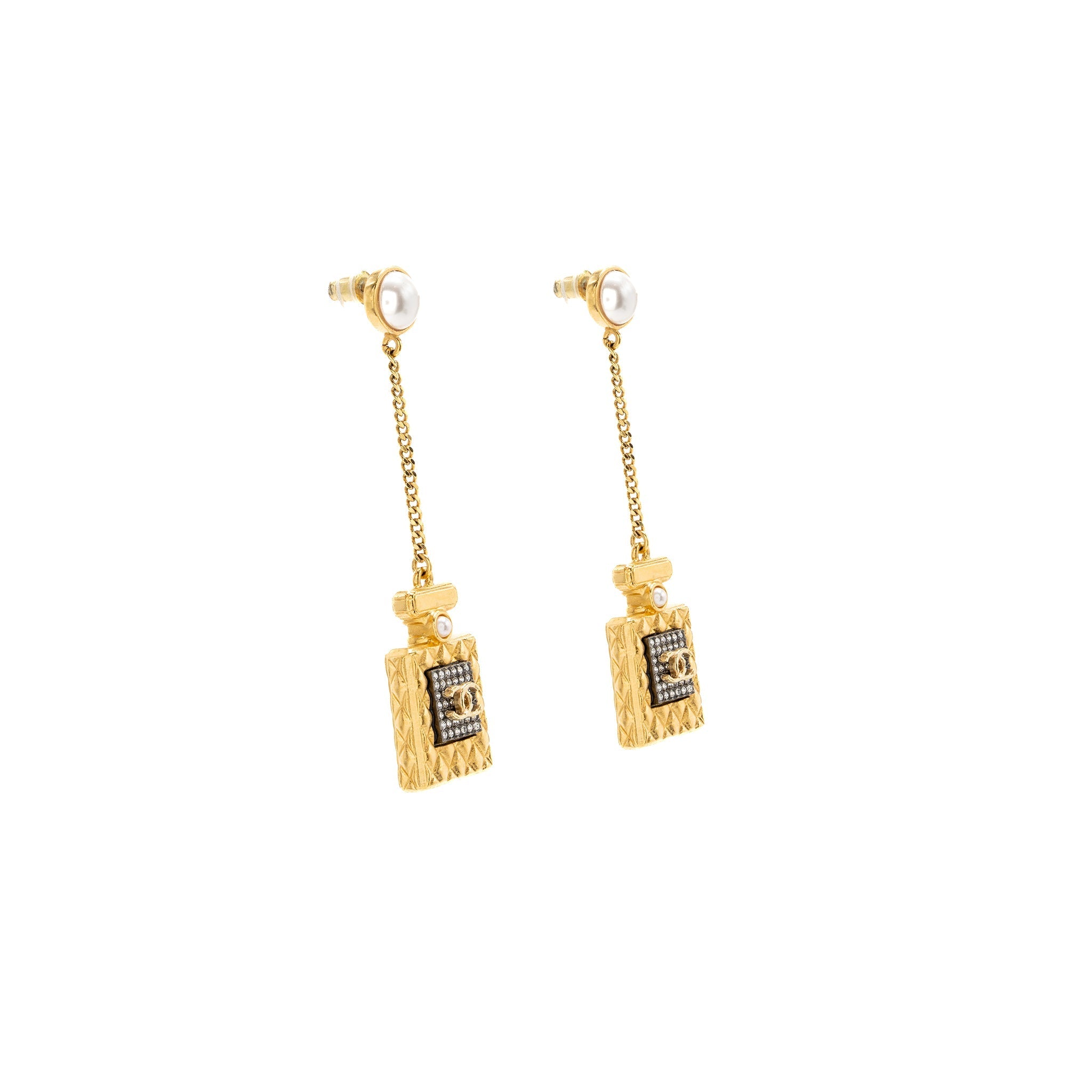 CHANEL PERFUME BOTTLE DROP EARRINGS PEARL/CRYSTAL GOLD TONE