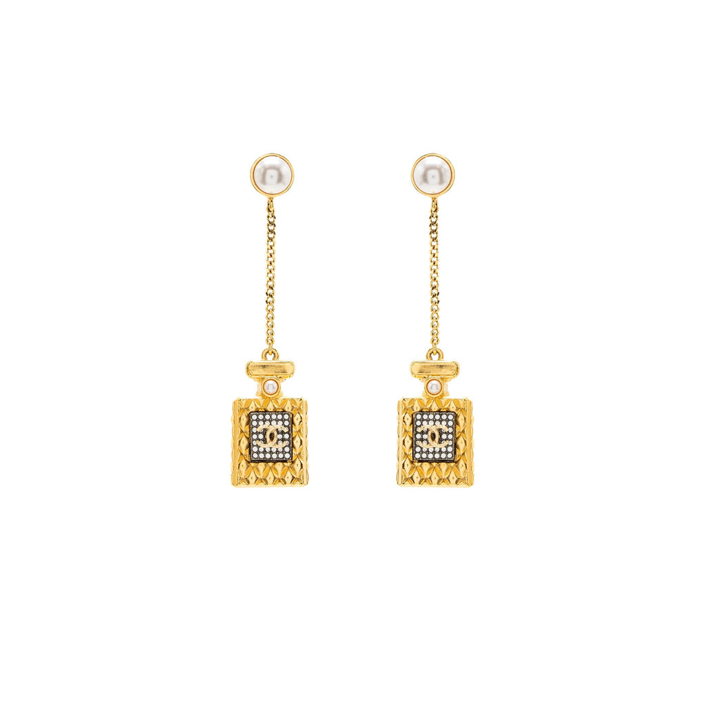 CHANEL PERFUME BOTTLE DROP EARRINGS PEARL/CRYSTAL GOLD TONE