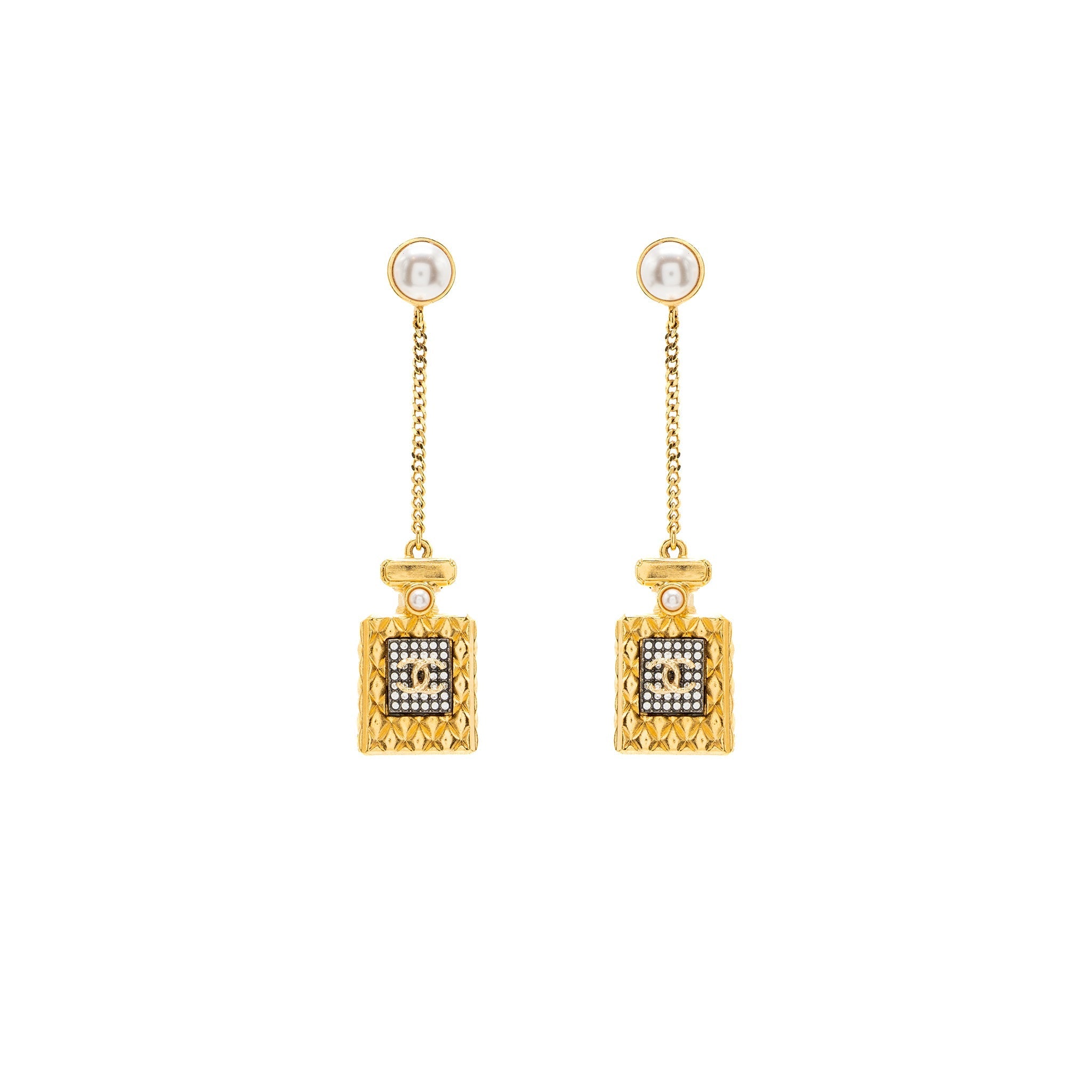 CHANEL PERFUME BOTTLE DROP EARRINGS PEARL/CRYSTAL GOLD TONE