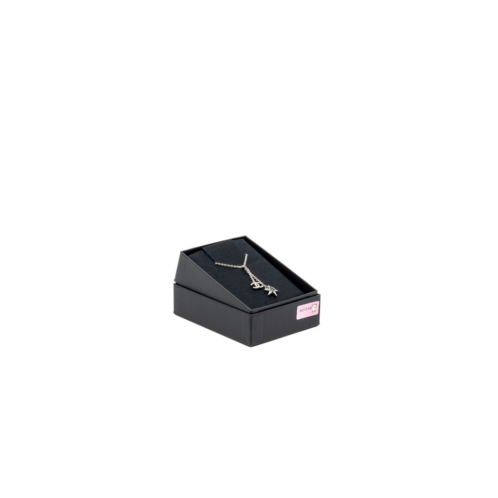 CHANEL CC LOGO/STAR DROP NECKLACE CRYSTAL/PEARL/SILVER TONE