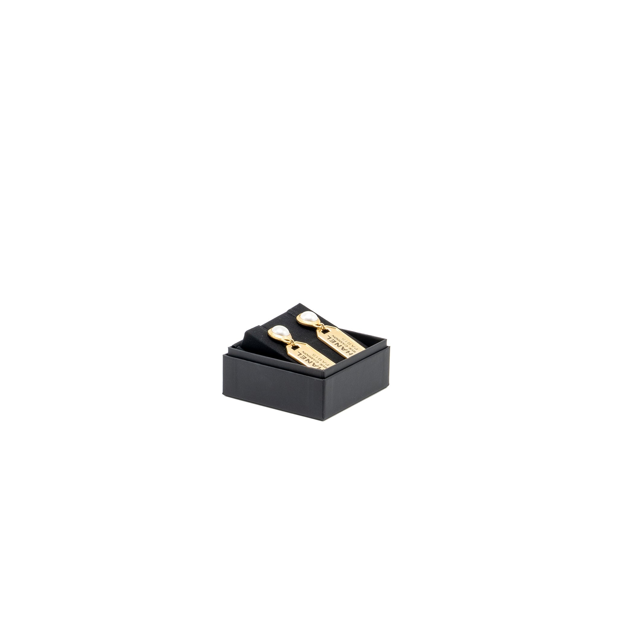 CHANEL PEARL EARRINGS WITH SIGNATURE TAG DROP GOLD TONE