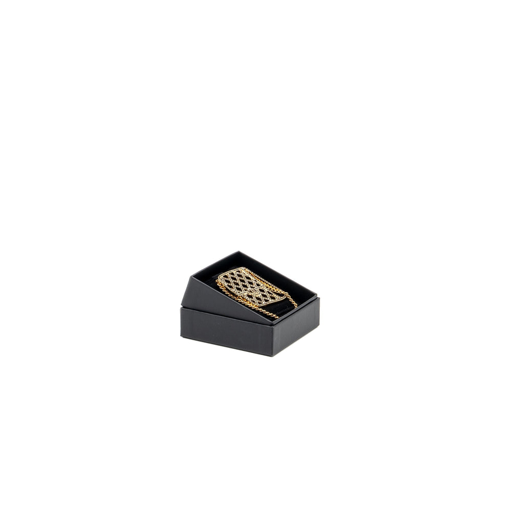 CHANEL FLAP BAG BROOCH WITH BLACK CRYSTAL GOLD TONE