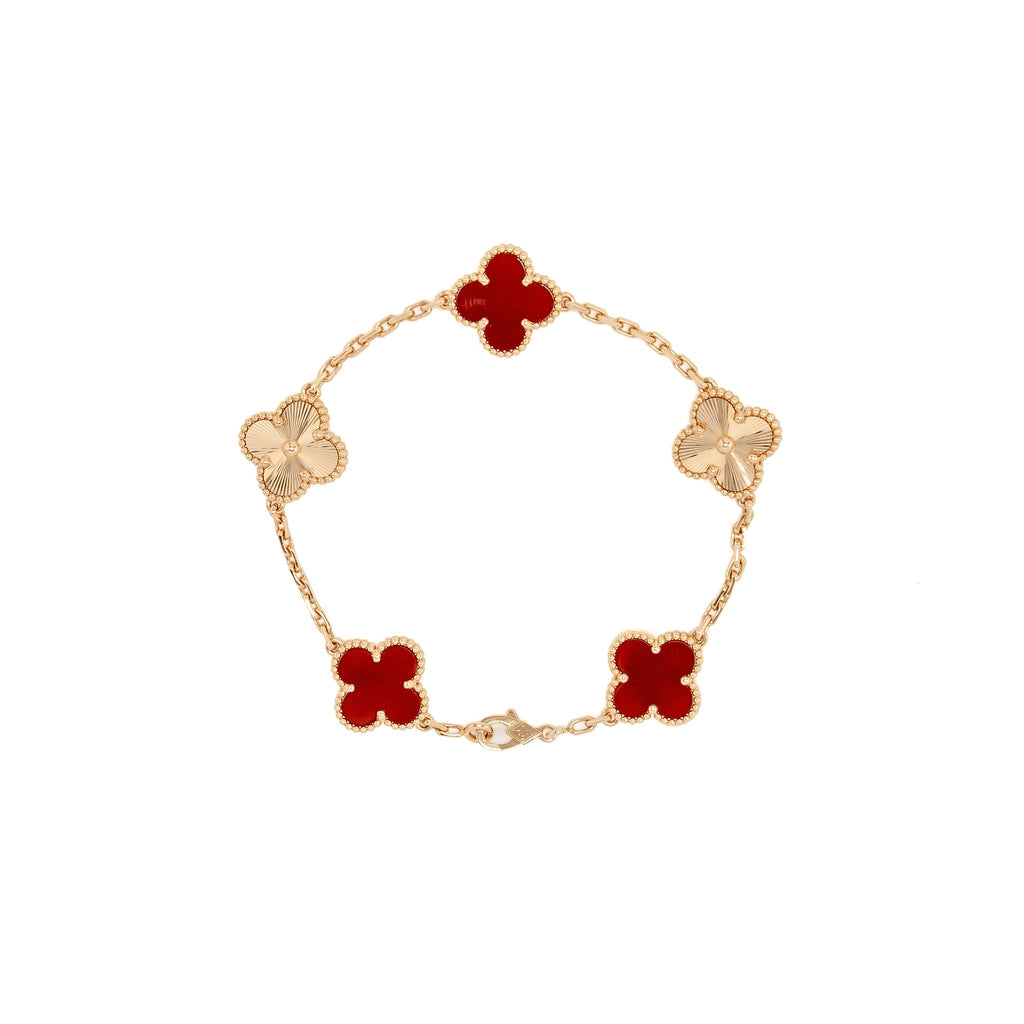VAN CLEEF VINTAGE ALHAMBRA BRACELET 5 MOTIF ROSE GOLD, CARNELIAN