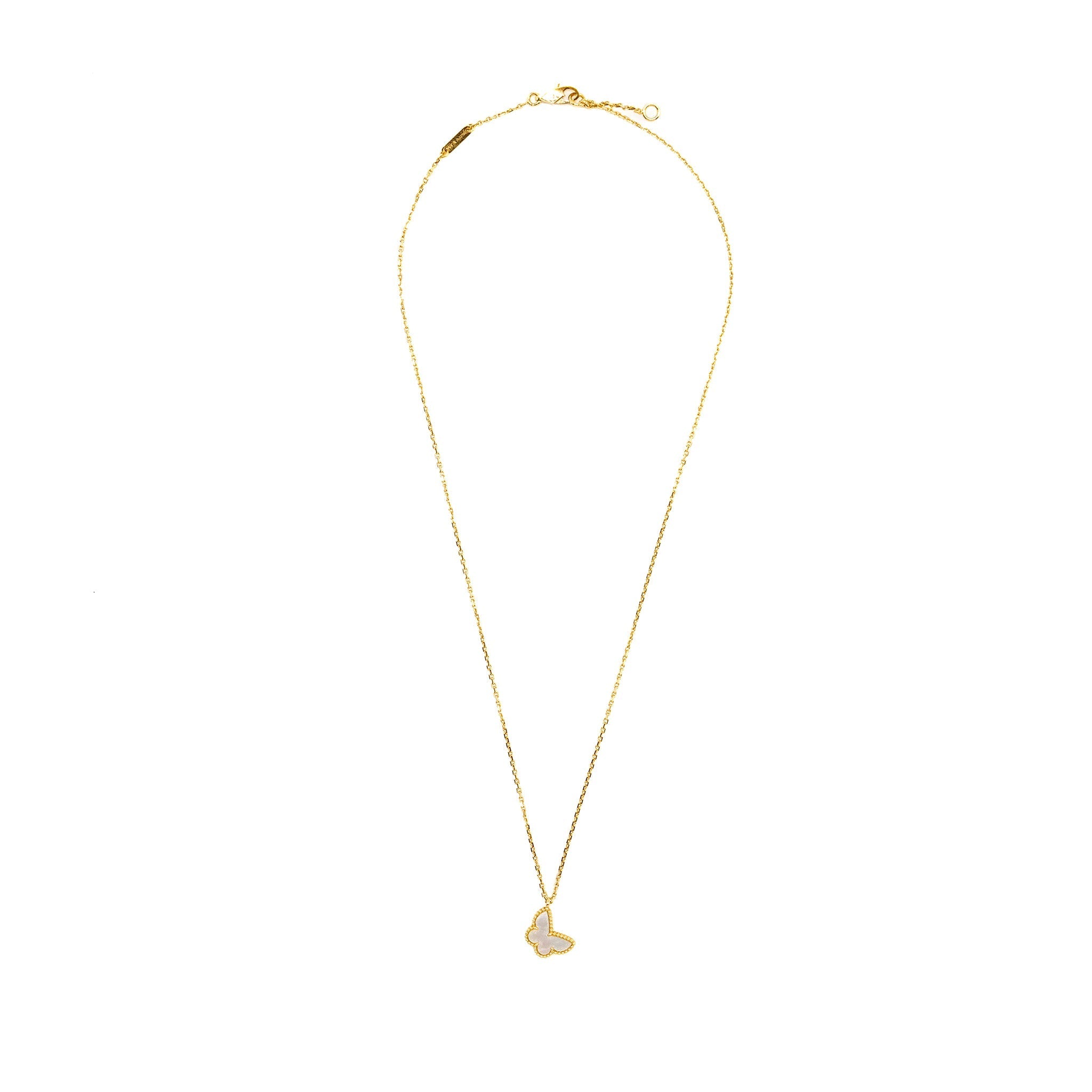 VAN CLEEF & ARPELS SWEET ALHAMBRA BUTTERFLY PENDANT YELLOW GOLD WHITE MOTHER OF PEARL