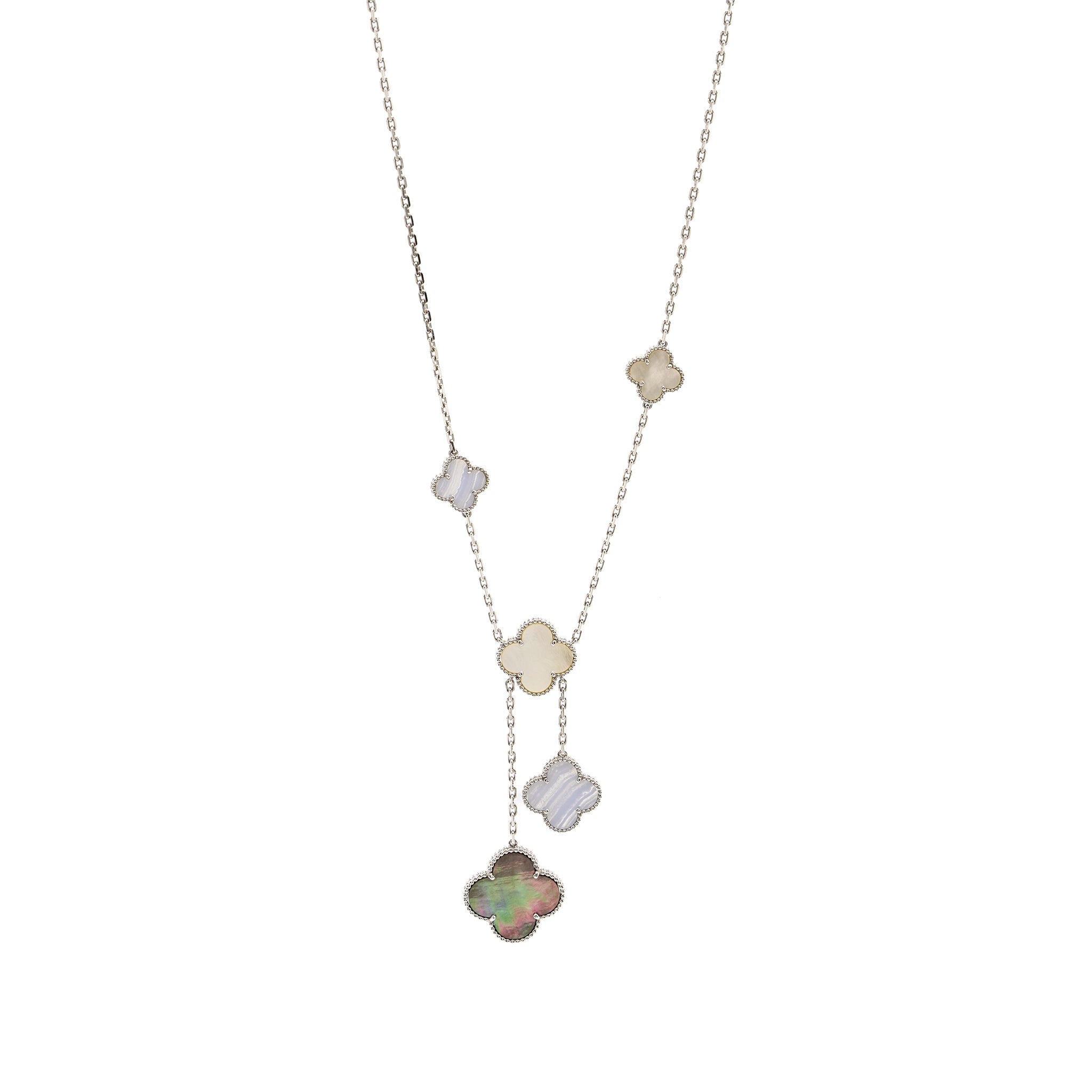 VAN CLEEF AND ARPELS MAGIC ALHAMBRA NECKLACE, 6 MOTIFS WHITE GOLD/ WHITE AND GREY MOTHER OF PEARL/ CHALCEDONY